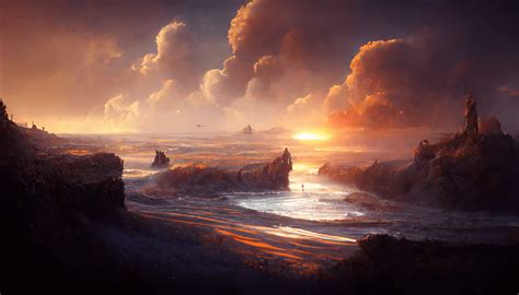 Coastal Sunset With Light Fantasy Theme Made With Midjourney