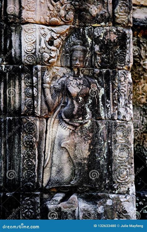 Bas Relief Stone Carving Angkor Wat Siem Reap Cambodia Stock Photo