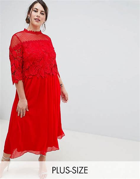 Little Mistress Plus Lace Top Midi Skater Dress In Red Asos