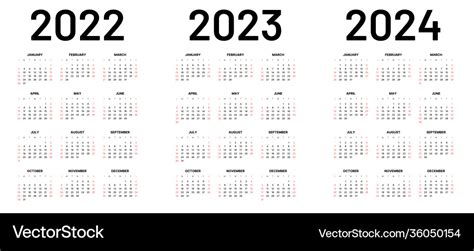 Monthly Calendar For 2022 2023 And 2024 Years Vector Image