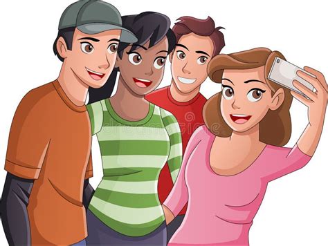 Group Of Cartoon Young People Taking Selfie Photo Picture Of Teenagers