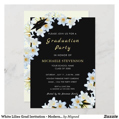 White Lilies Grad Invitation Modern Two Colors White Lilies White