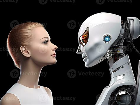 Beautiful Woman And Ai Robot Look At Each Other Concept Of Human And Robot War In Future Ai