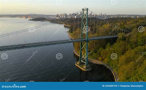 Aerial View Of Lions Gate Bridge And Stanley Park At Dawn Canada Stock