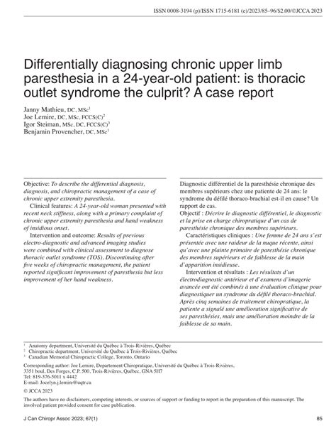 Pdf Differentially Diagnosing Chronic Upper Limb Paresthesia In A 24