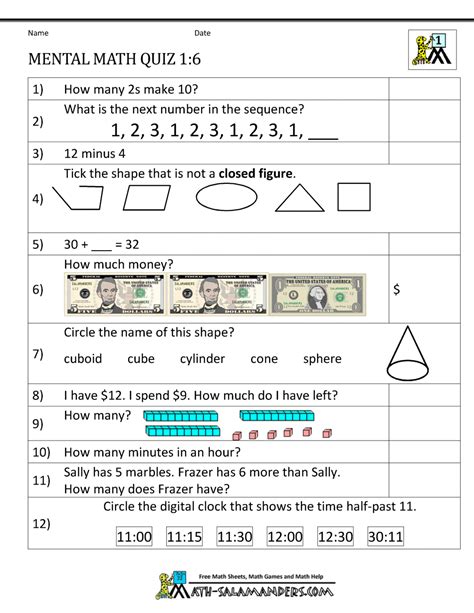 Math Test 1st Grade
