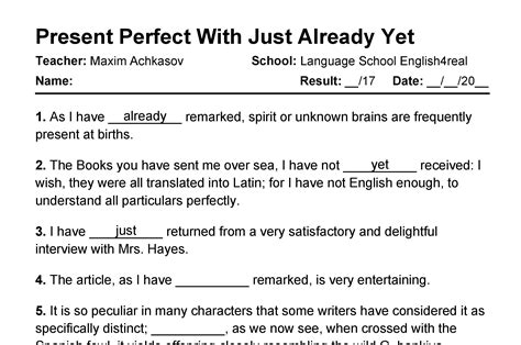 Present Perfect With Just Already And Yet English Grammar Fill In The