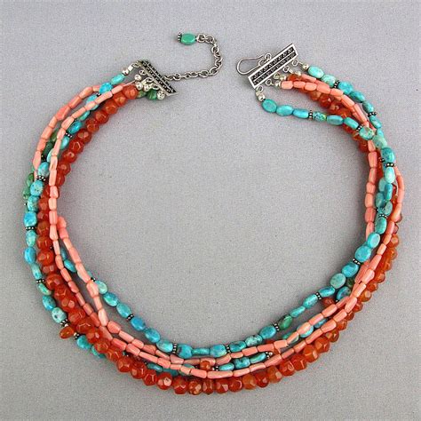 Sterling Silver 5 Strand Necklace Turquoise Coral Carnelian Beads From