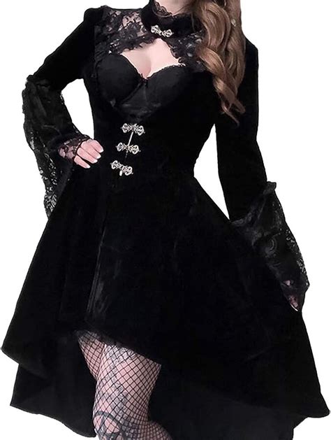 Mujer Clásico Gothic Negro Vestir Gótico Oscuro Metido Elegante Hueco Fuera Vestir Cordón Labor