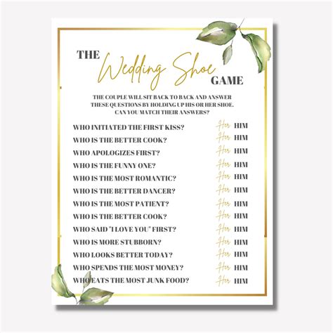 Wedding Shoe Game Printable Greenery And Gold Bridal Shower