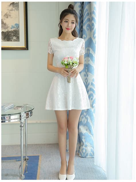 New Korean Women Summer Lace Crew Neck Short Sleeve Solid Slim Skater Mini Dress Ebay