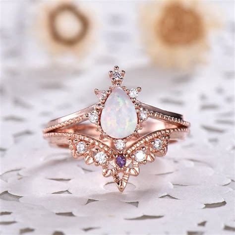 Pear Shaped Fire Opal Rose Gold Wedding Ring Set Amethyst Cz Diamond Stackable Band Engagement