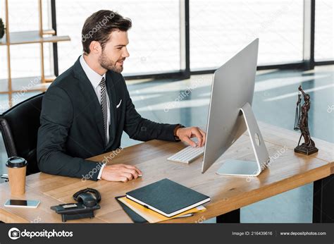 Side View Handsome Businessman Working Computer Table Office ⬇ Stock