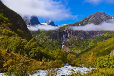 Waterfall Near Briksdal Glacier Norway Stock Photo Image Of Fjord
