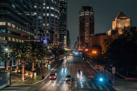 Night Cityscape View Of 5th Street In Downtown Los Angeles California