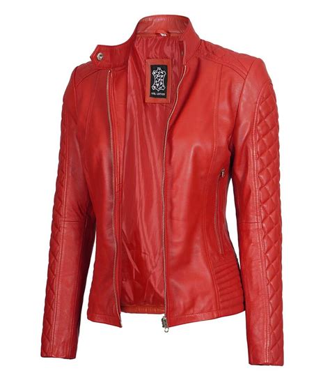 women red cafe racer leather jacket quilted sleeves in europe