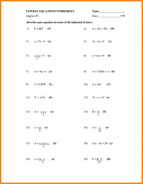 Teachers should also check out algebra lesson plans. Literal Equations Worksheet - Algebra