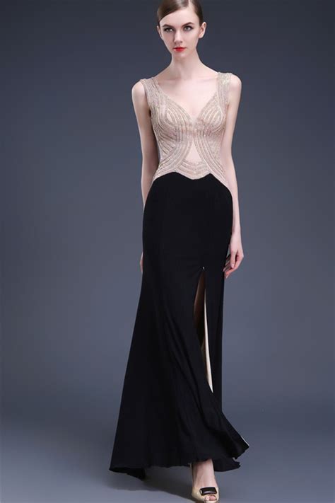 Sexy Open Back High Slit See Through Tulle Beaded Black Chiffon Prom Dress