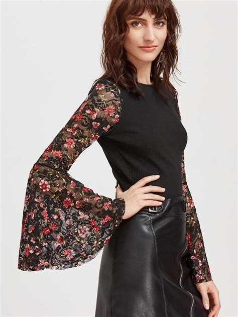 Black Floral Lace Bell Sleeve Ribbed Top Sheinsheinside
