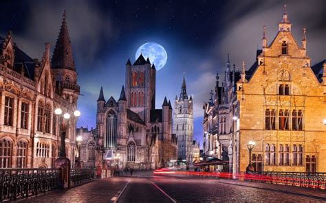Belgium Cobblestone Street Light Moon Architecture Starry Night