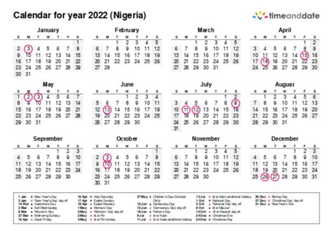 Printable Calendar 2022 For Nigeria Pdf