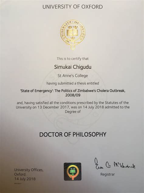 Oxford Phd Degree Certificate