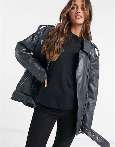 Asos Design Oversized Washed Leather Biker Jacket In Black Asos