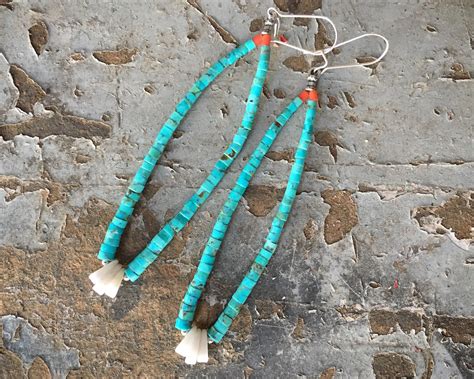Long Turquoise Heishi Earrings With White Shell Jacla Native America