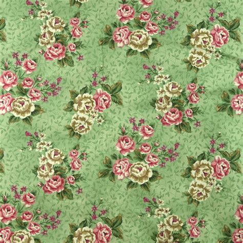 Quilting Cotton Print Fabric Green Floral Pink And White Roses