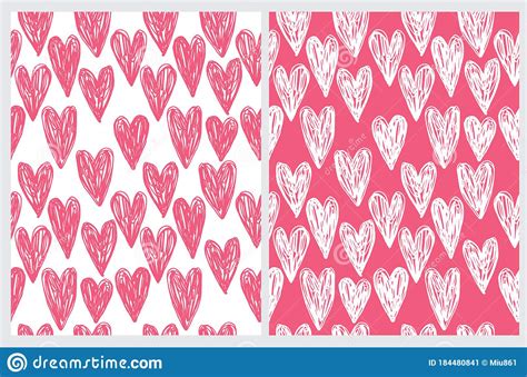 Pink And White Scribbled Hearts Seamless Vector Patterns Stock Vector