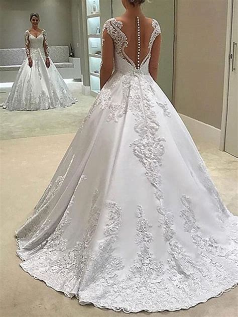 engagement formal wedding dresses ball gown sweetheart long sleeve court train satin bridal