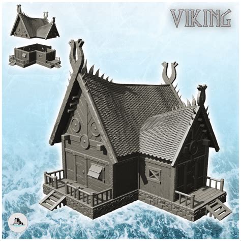 3d Printable Wooden Viking House On Platform With Double Stairs And