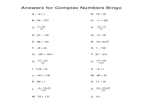 Adding Subtracting Multiplying Complex Numbers Matching Worksheet Answers