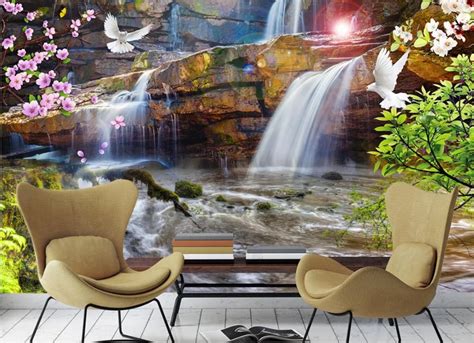 Custom Mural Non Woven Wall Sticker Waterfalls Scenery Painting Photo