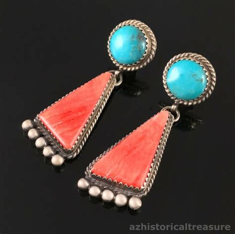 NAVAJO HANDMADE STERLING SILVER TURQUOISE SPINY OYSTER EARRINGS By