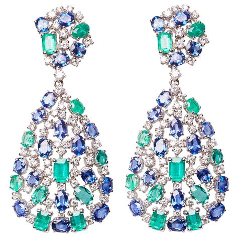 Emerald Sapphire And Diamond Leaf Drop Earrings For Sale At 1stdibs