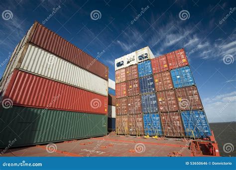 Stacked Containers On Deck Of A Container Ship Stock Photo Image Of