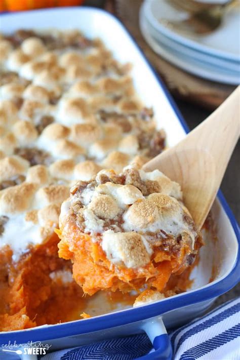 Mix the brown sugar, flour and butter together until crumbly, add the pecans and place on. Sweet Potato Casserole with Marshmallows and Streusel ...