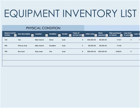 Equipment List Template Excel