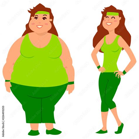 fat and slim woman before and after weight loss diet sport and fitness cartoon vector