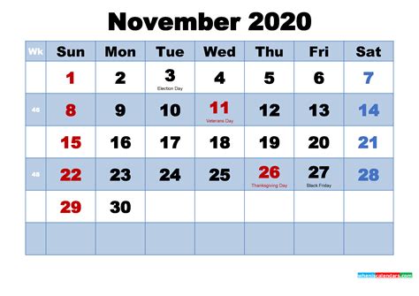 Free Printable 2020 Calendar November As Word Pdf