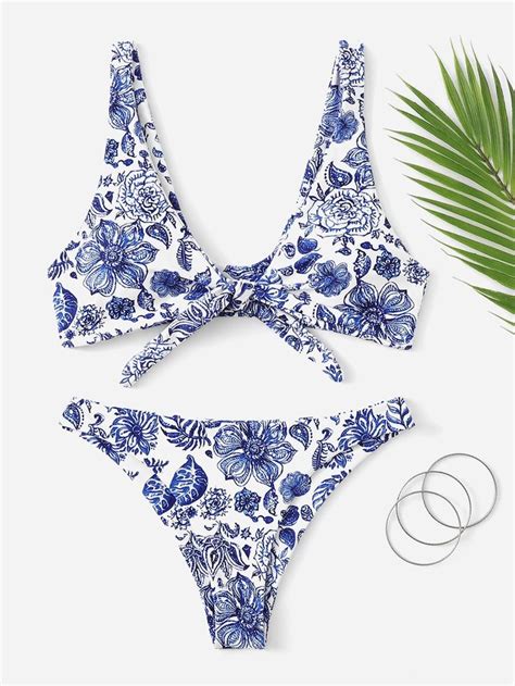 Random Floral Knot Front Top With Cheeky Bikini Set Sheinsheinside Cheeky Bikinis Bikinis