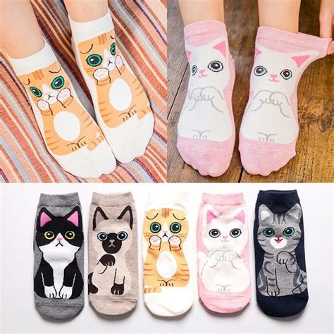 Women Cat Ankle Socks 5 Pairs Mike01shop Katten Cartoons Sokken
