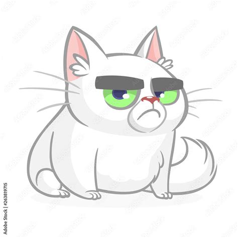 Cartoon Cranky White Cat Cute Fat Cartoon Cat Illustration With A
