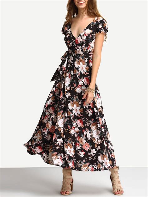 Flower Print Self Tie Lace Up Long Dress Sheinsheinside Maxi Dress