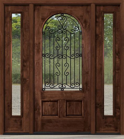 A Wooden Door With Wrought Iron And Glass