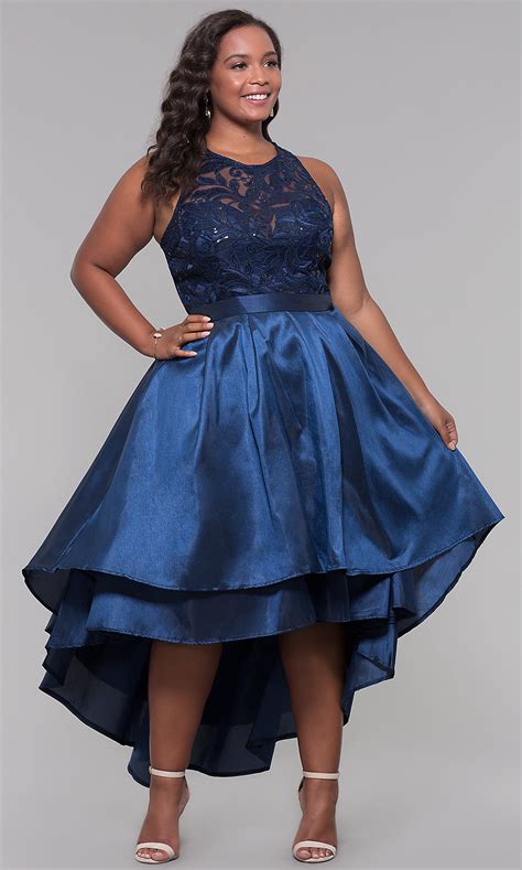 Find plus size wedding dresses to fit you perfect. Illusion-Lace High-Low Plus-Size Prom Dress-PromGirl