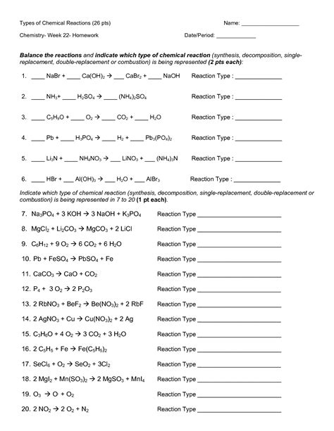 No atoms are created or destroyed in a chemical reaction. 16 Best Images of Types Chemical Reactions Worksheets Answers - Types of Chemical Reactions ...