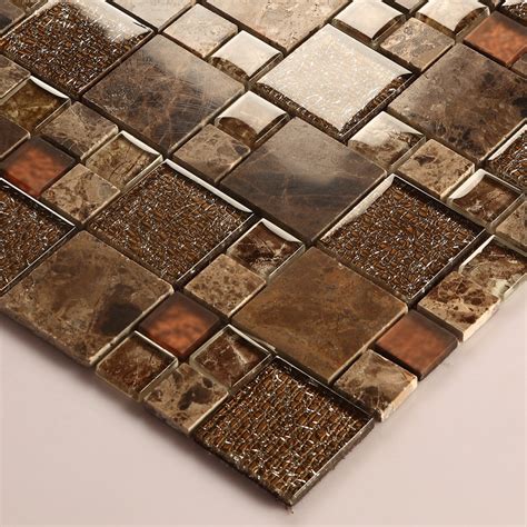 Stone And Glass Mosaic Sheets Square Tiles Emperador Dark Marble Tile Backsplash Bathroom Wall