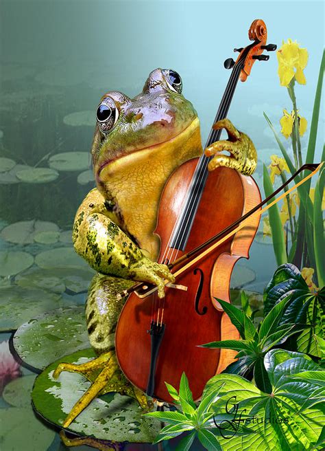 Humorous Scene Frog Playing Cello In Lily Pond Painting By Regina Femrite